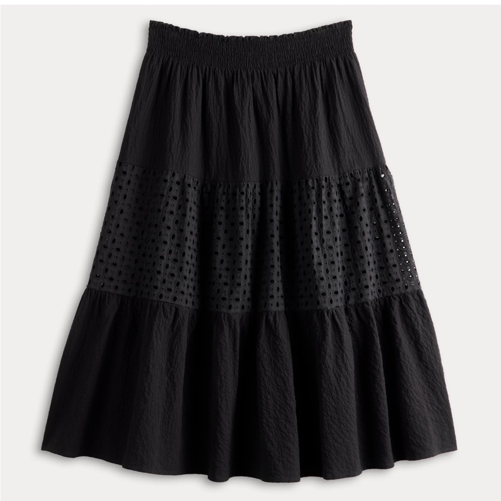 Nine West Black Tiered A-Line Eyelet Midi Skirt